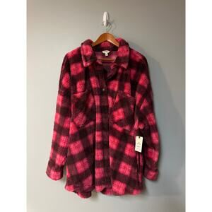 Terra & Sky Sherpa Buffalo Plaid Shacket Womens 3X Red Fleece Shirt Jacket NWT